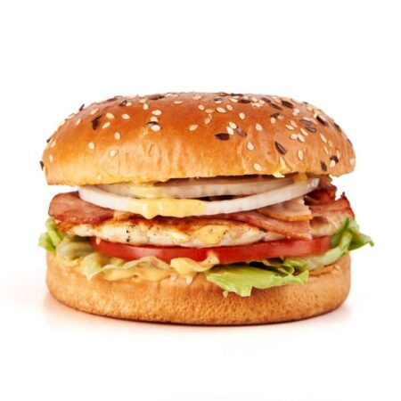 Hamburger pui,-/salata iceberg,rosii chery,castravete murat,ceapa rosie,sos ketchup-maioneza/400gr