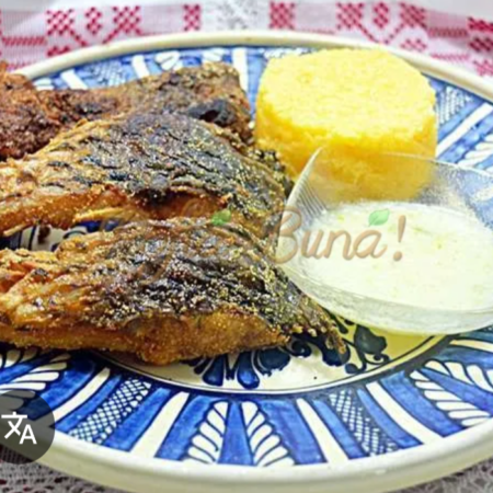 Merluciu prajit/mamaliguta+sos usturoi-350gr
